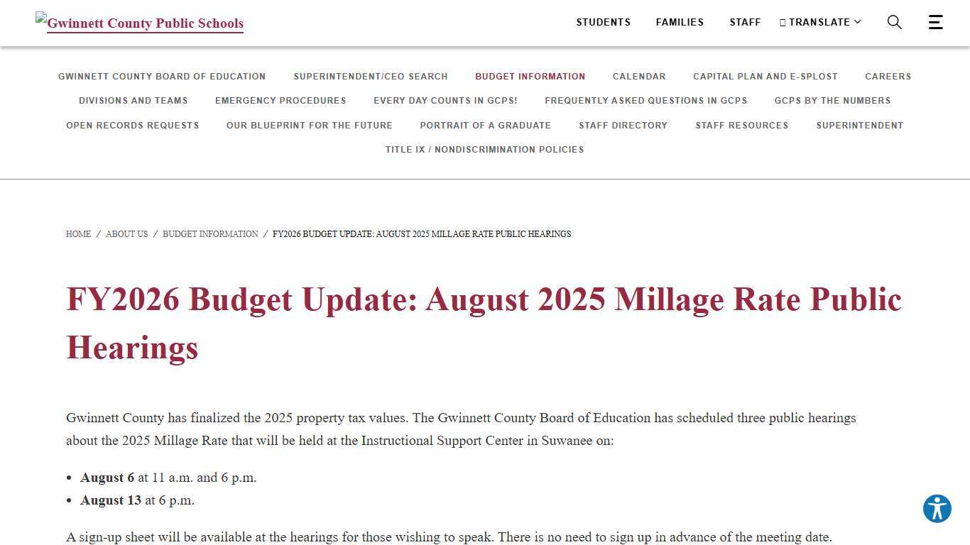FY2026 Budget Update: August 2025 Millage Rate Public Hearings - Gwinnett County Public Schools